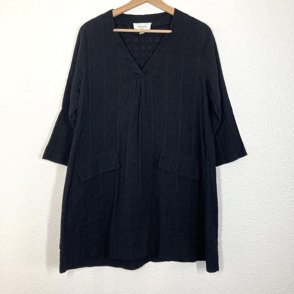 Pomander Place Tunic Dress Sundress Medium Black Cotton V Neck 3/4 Sleeve